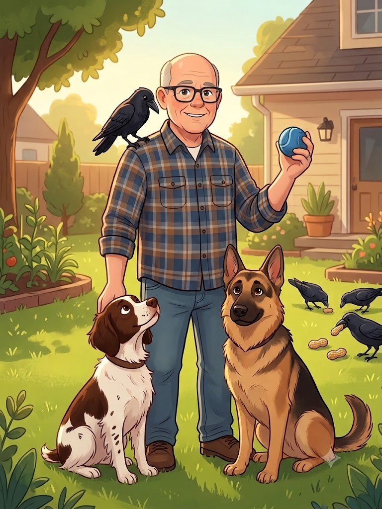 Illustrated portrait of Poppa, smiling in glasses and a plaid shirt in his backyard, with a crow on his shoulder, a German Shepherd and a Brittany spaniel sitting beside him, and more crows nearby eating peanuts.